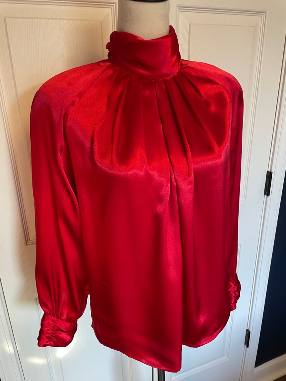 Vintage Mikado Red Satin High-Neck Long Sleeve Blouse Size 6